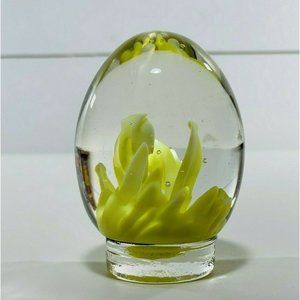 Vintage Hand Blown Egg Shaped Paperweight With Bubbles Yellow Art Glass